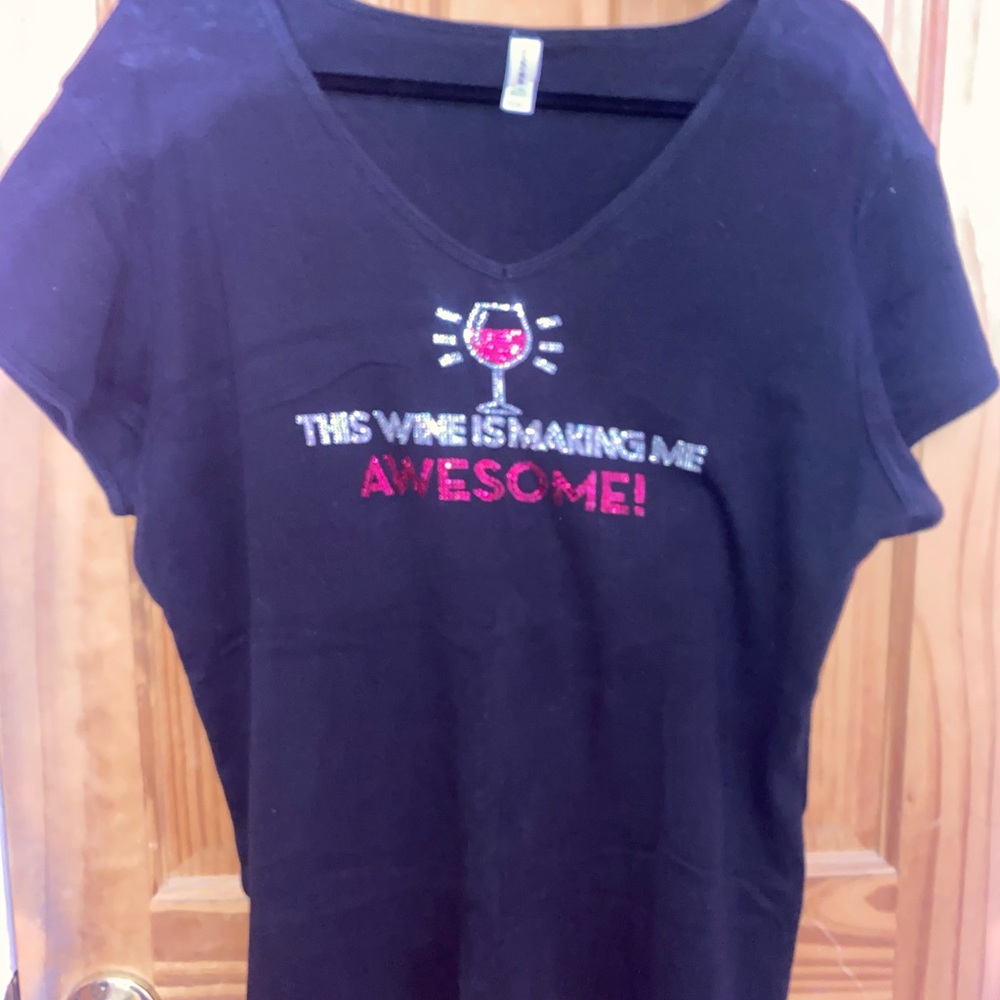 Black Graphic Tee with Red Wine Glass Rhinestone Detail